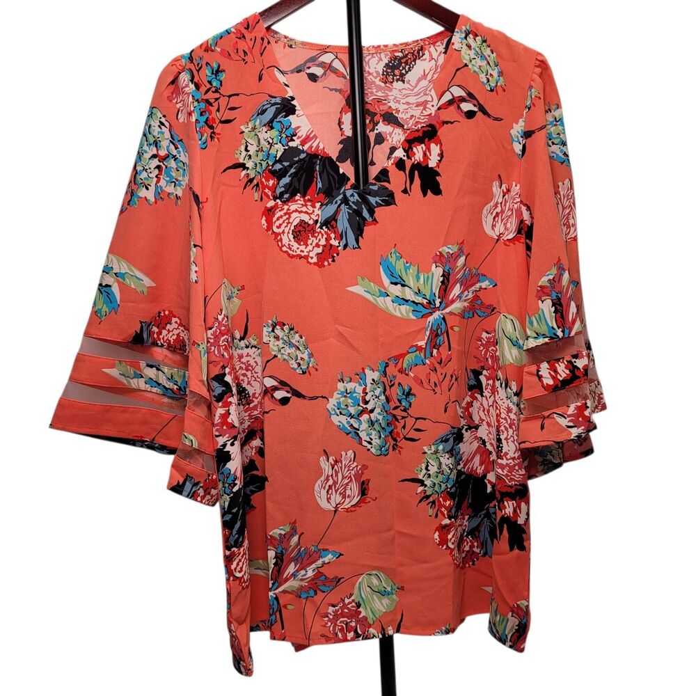 Women's V Neck Mesh Panel Blouse 3/4 Bell Sleeve Floral Print Loose Top X-Large